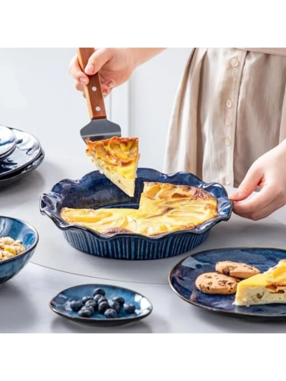 9-Inch Deep Ceramic Pie Pan for Baking - Fluted Edge, Blue Reactive Glaze Dish